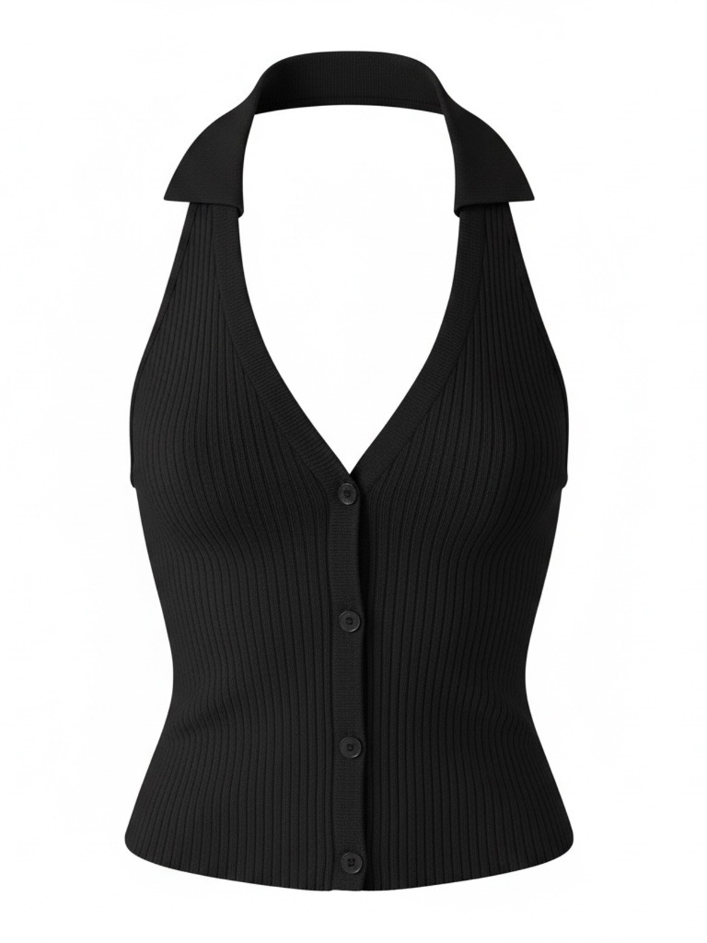 Zara Black Ribbed Halter Button-Front Camisole